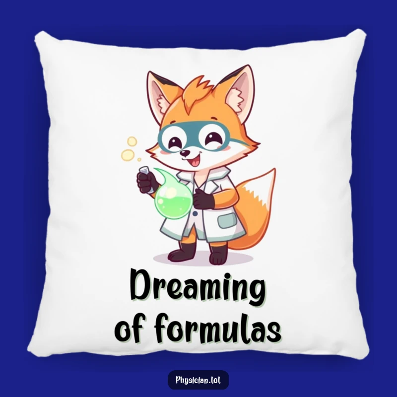 Funny Fox Scientist Pillow: Soft lab coat, glowing potion cushion, a cozy and funny gift for relaxation.