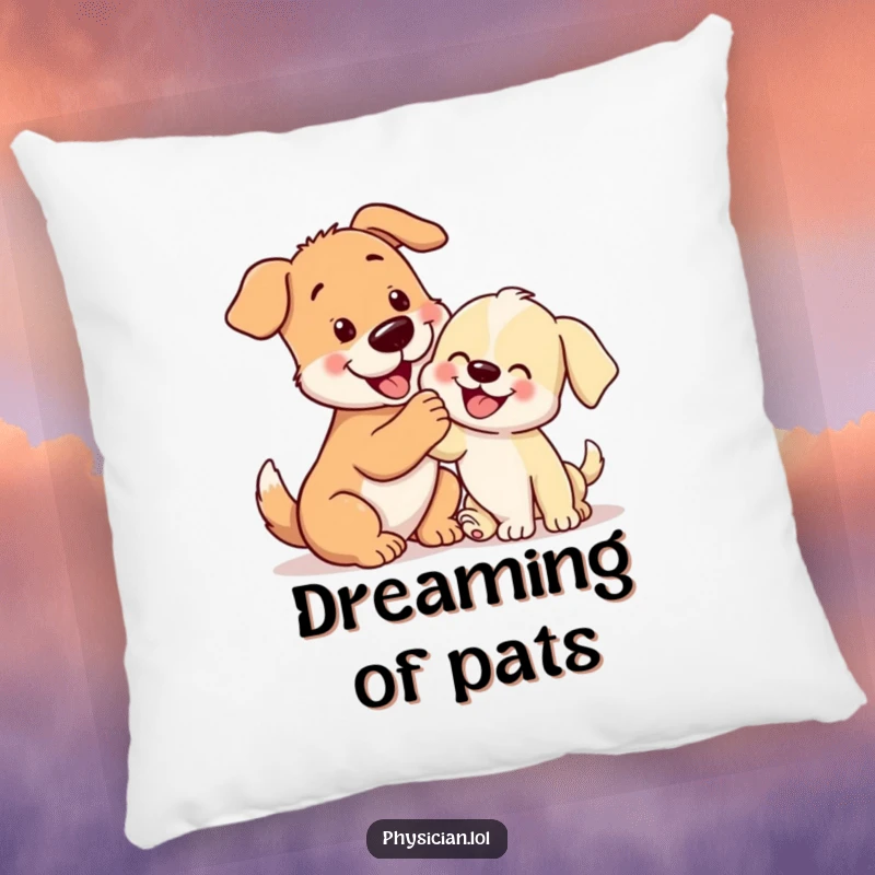Funny illustration of a playful dog giving a happy puppy a gentle pat, a soft and humorous throw pillow.