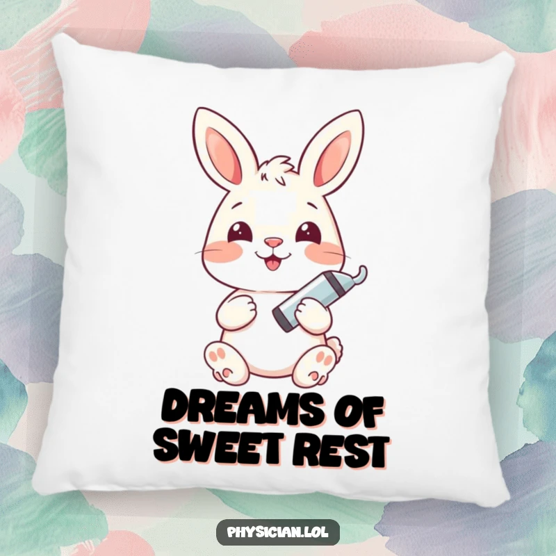 Funny bunny pillow with a happy bunny holding a syringe, providing soft, humorous comfort and well wishes.