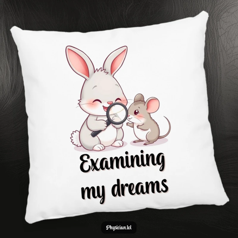 Funny illustration of a rabbit doctor meticulously examining a mouse with a magnifying glass, a soft and humorous throw pillow.