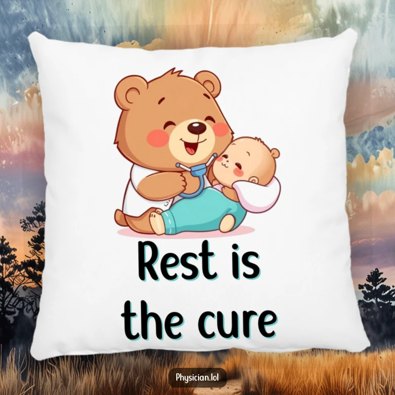 Funny pillow with a happy bear gently examining a patient with a stethoscope, offering comfort and a dose of playful medical charm.