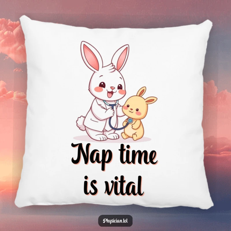 Funny bunny doctor pillow design, soft and comforting, featuring a stethoscope, adding humor to a living space or bedroom.