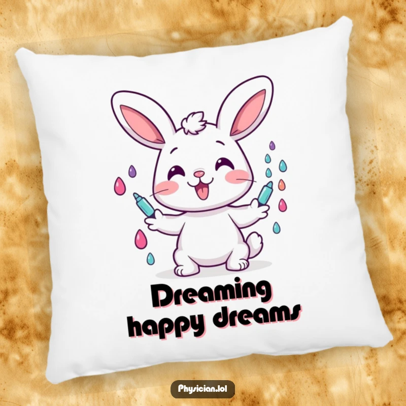 Funny decorative pillow showing a cheerful bunny character happily giving colorful drops, adding cozy and humorous charm to any space.
