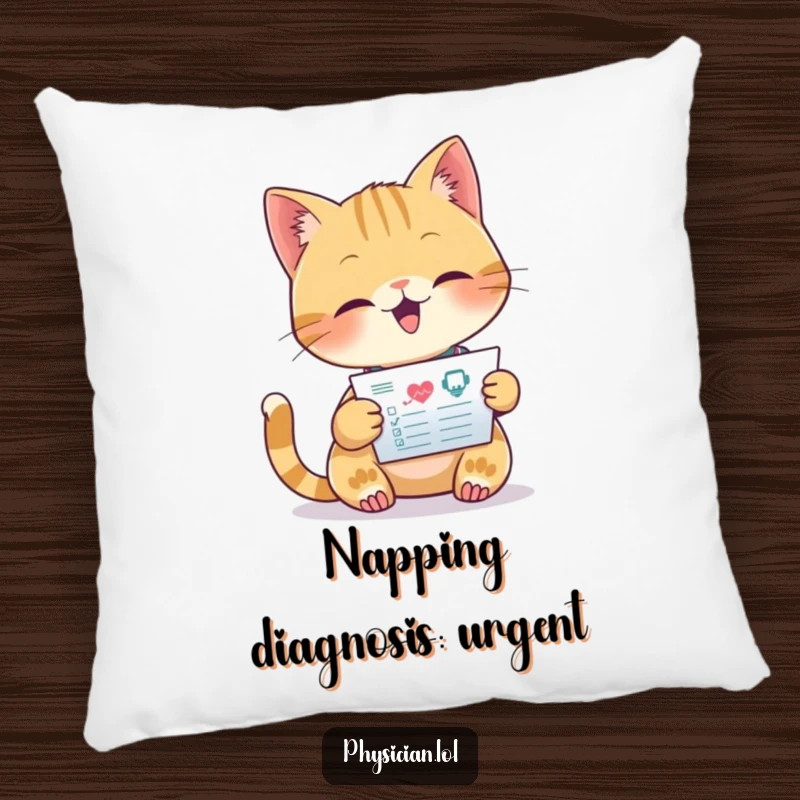 Funny pillow with a beaming cat doctor focused on reading a medical chart, offering cozy comfort and medical humor.