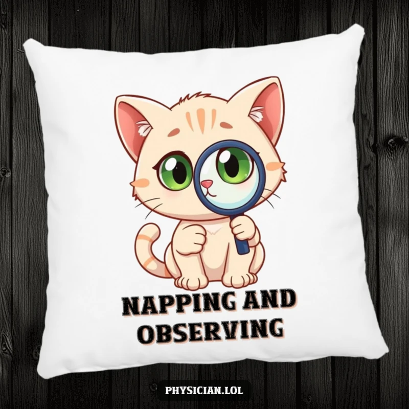 Funny Detective Cat Pillow featuring a curious cat with wide eyes holding a magnifying glass, offering comfort and witty charm.
