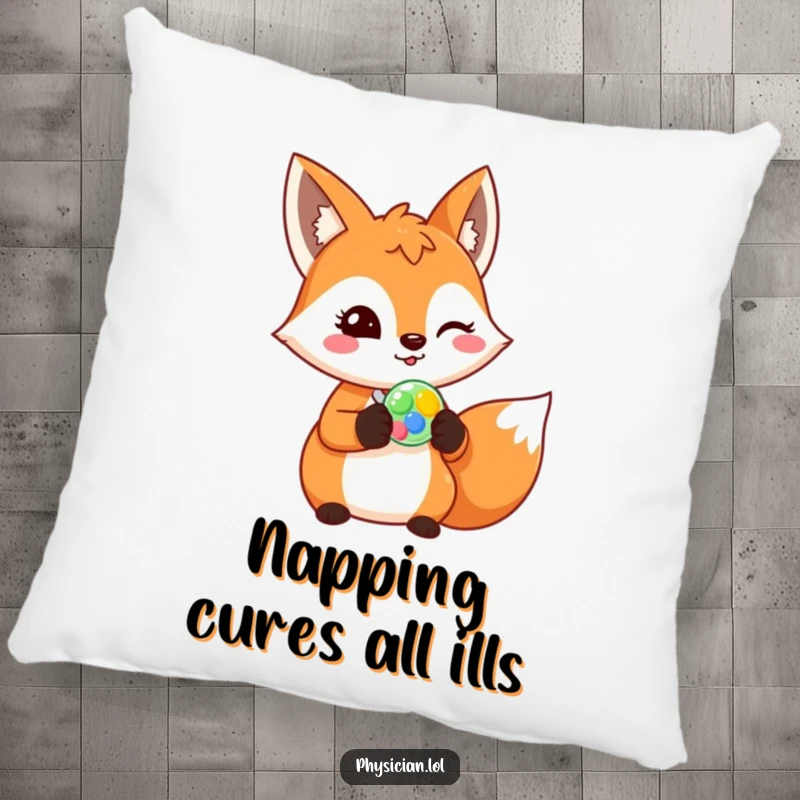 Funny fox pillow, cheerful fox prescribing a colorful pill with a wink, decorative cushion, humorous animal design.