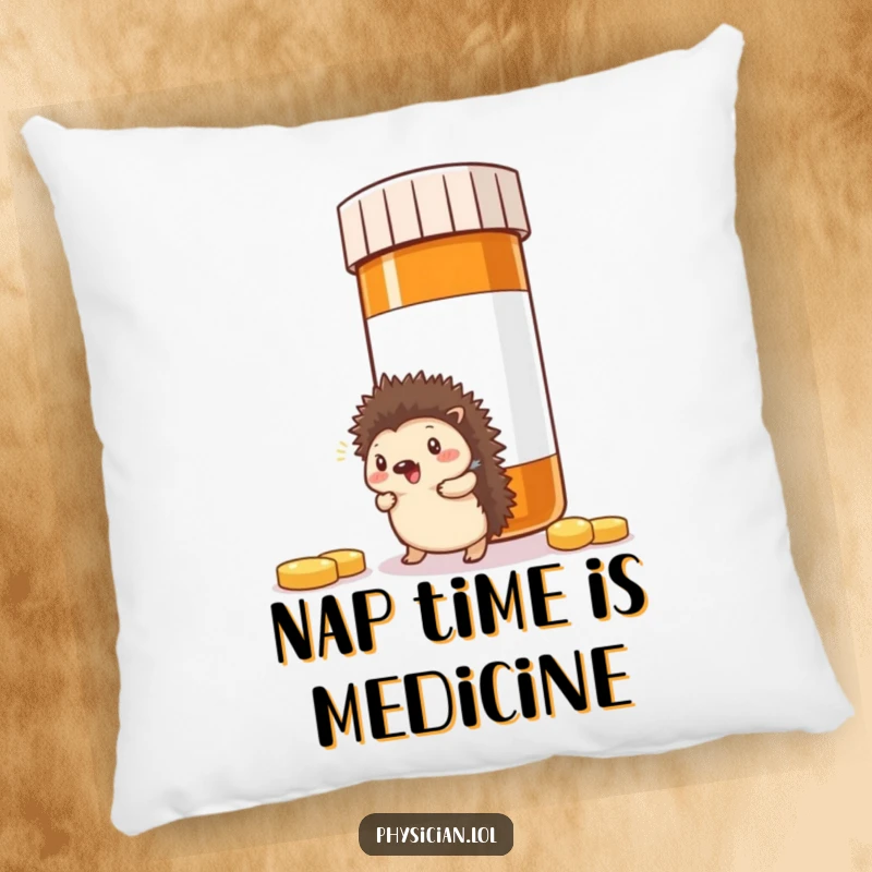 Funny Hedgehog Pill Pillow: Soft pillow featuring a hedgehog comically hitting a large pill bottle, offering humorous comfort and decor.