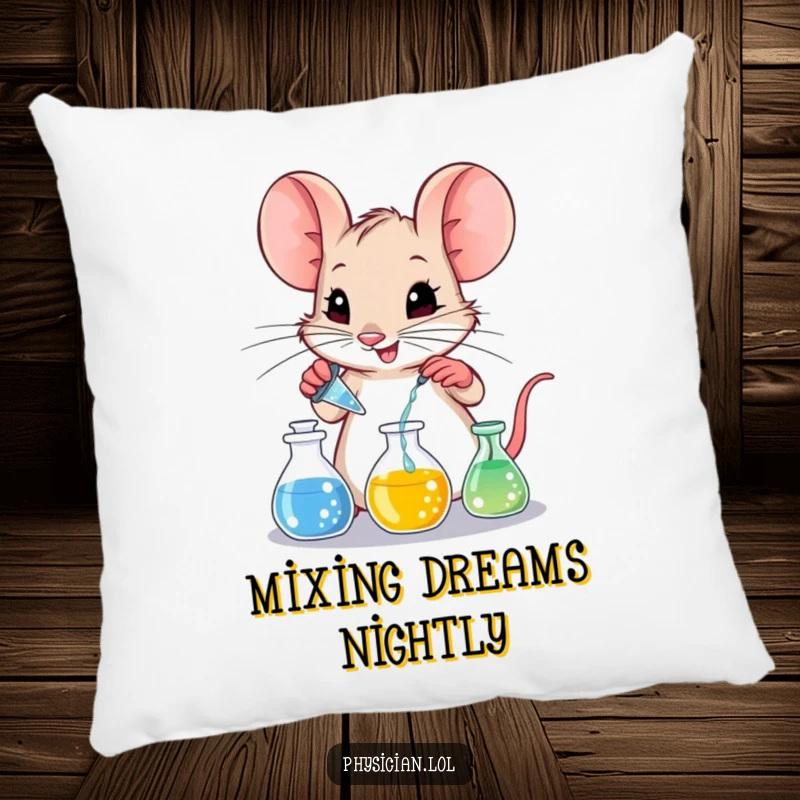 Funny mischievous mouse attentively mixing liquids in small beakers, depicted on a plush, comfortable decorative pillow.
