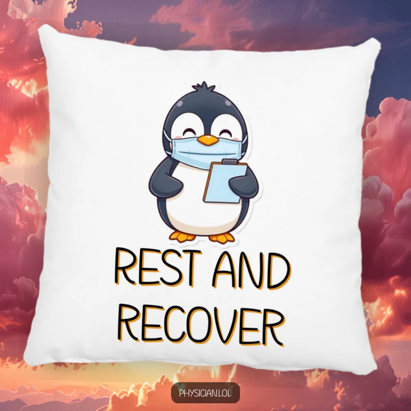 Funny Penguin Mask Pillow with a happy penguin in a mask holding a clipboard, offering plush comfort and a cheerful message.