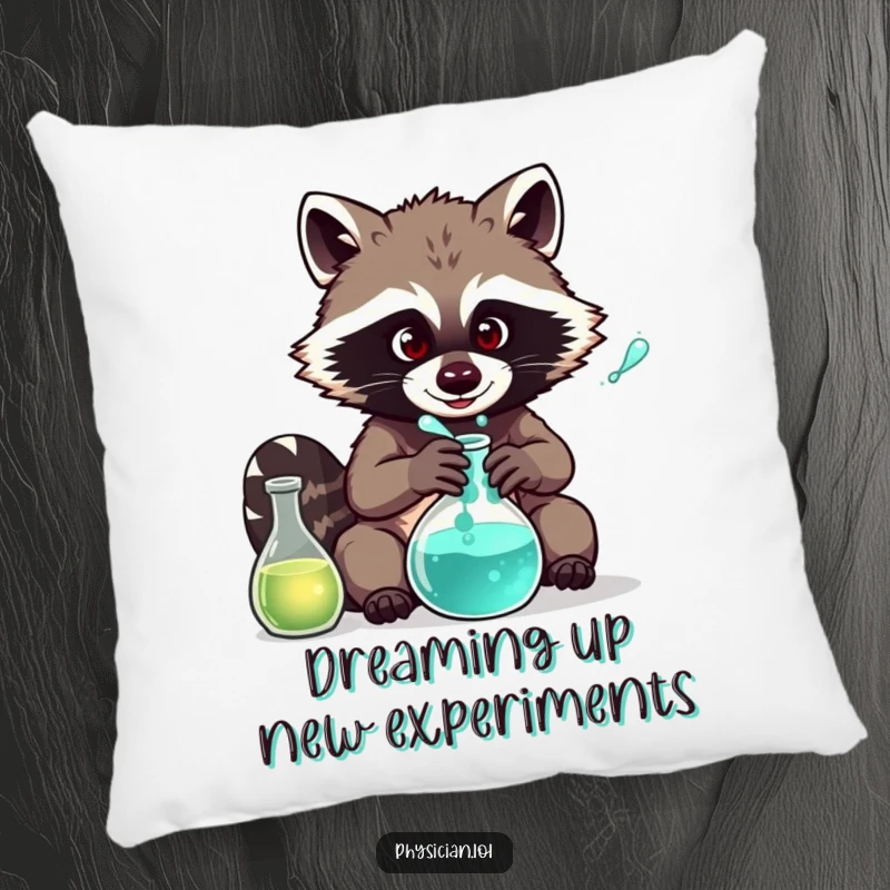 Funny Raccoon Chemist Pillow: Soft cushion featuring a comical raccoon brewing a potion, offering humorous comfort and decor.