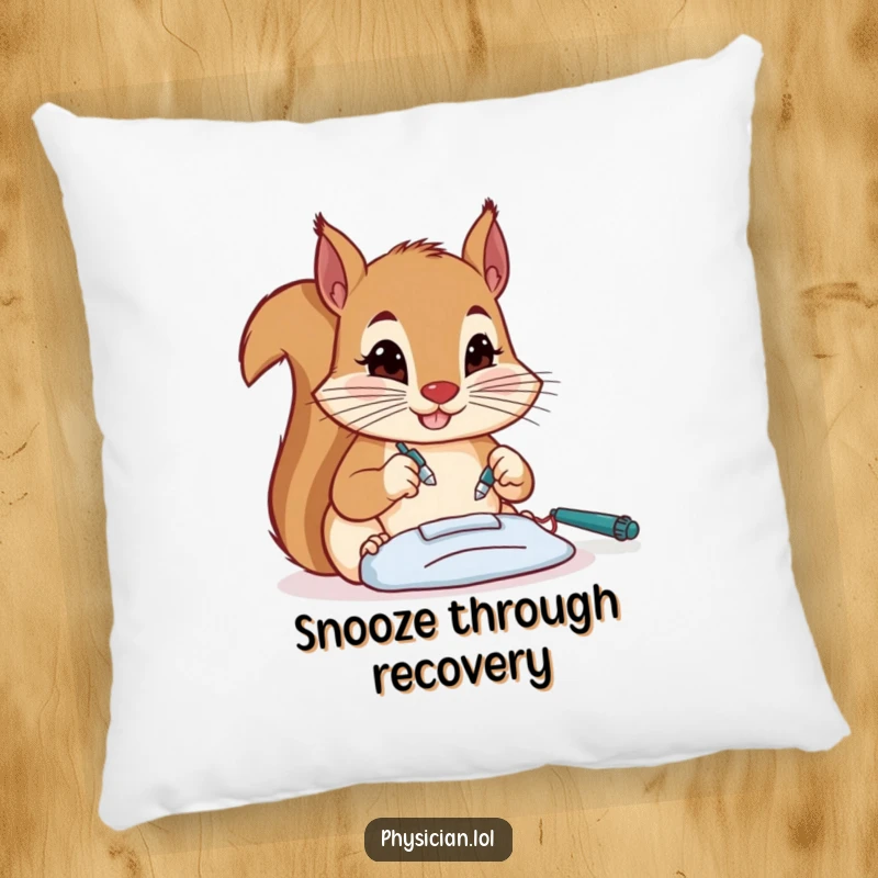 Funny squirrel surgeon pillow, showing intense focus during surgery, a soft and humorous addition to a couch or bed.