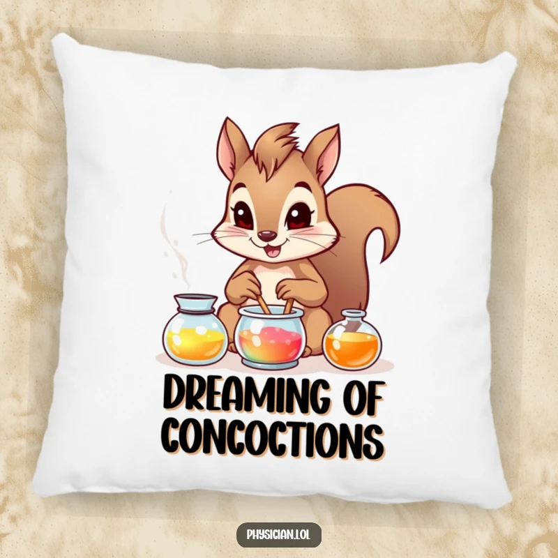 Funny brave squirrel artistically depicted mixing a colorful potion, presented on a plush, comfortable decorative pillow.