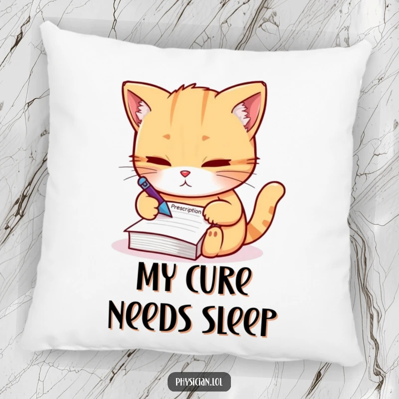 Funny Pillow: Soft cushion featuring a determined cat writing a prescription, perfect for cozy humor and playful authority.