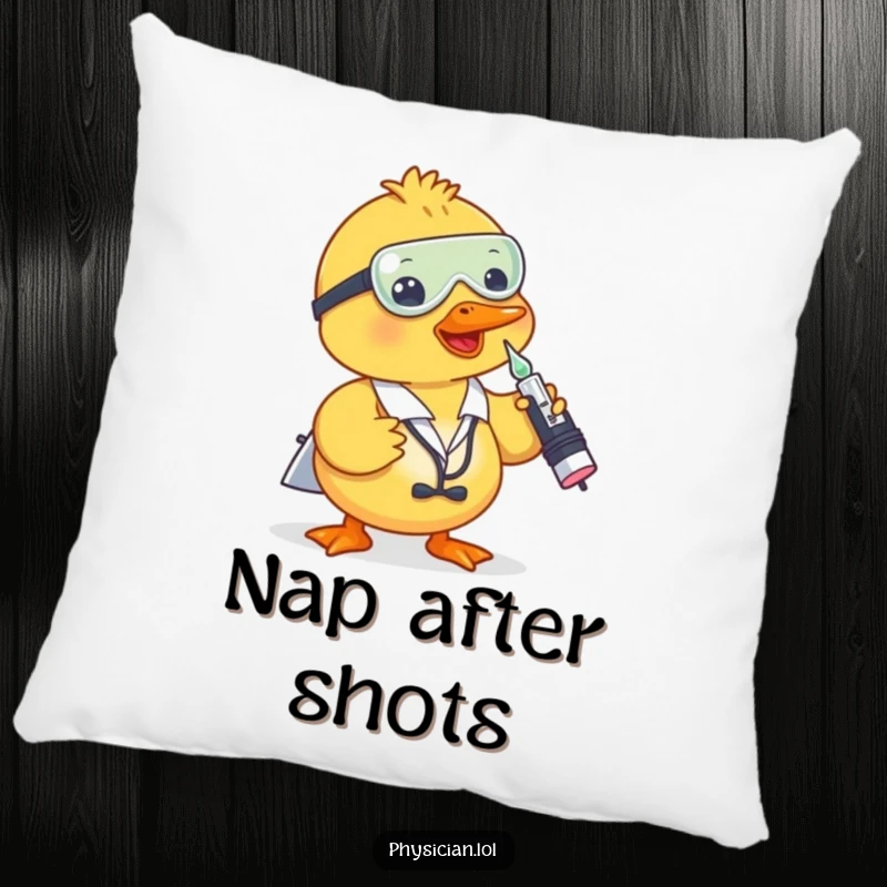 Funny duck doctor pillow with a cute duck giving a shot from a dropper, soft and comfortable for humorous decoration.