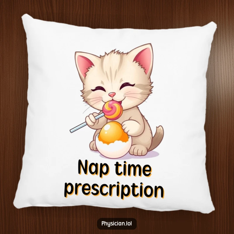 Funny kitten offering a lollipop to an egg, designed as a soft and humorous pillow for comfort and decor.