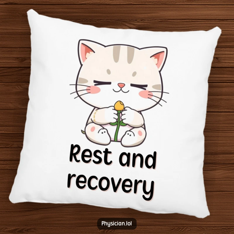 Funny decorative pillow showing a determined cat character bandaging a smiling sprout, adding cozy and humorous charm to any seating area.