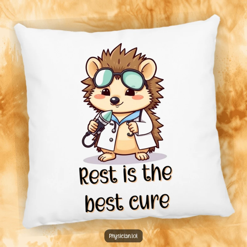 Funny hedgehog doctor pillow showcasing a cute hedgehog doctor ready to help, offering comfort and humor, a perfect decorative funny gift.