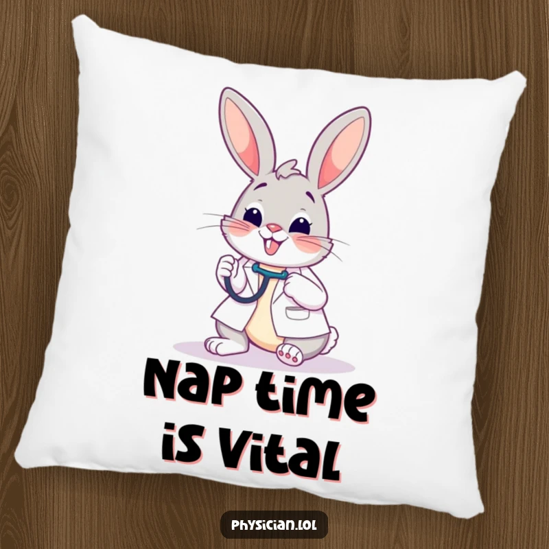 Funny pillow with a happy bunny doctor checking a patient with a stethoscope, providing soft comfort and humorous appeal.