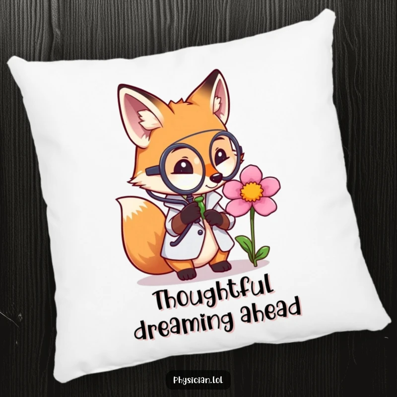 Funny pillow depicting a fox doctor thoughtfully examining a flower with a magnifying glass, offering soft comfort and intellectual humor.
