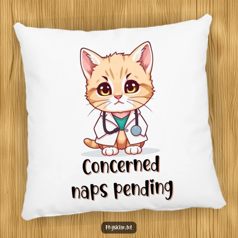 Funny pillow depicting a kitten doctor in a white coat looking concerned, offering soft comfort and humorous feline empathy.
