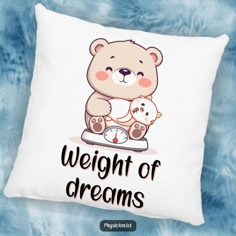 Funny bear pillow featuring a proud bear doctor weighing a patient on a scale, offering comfort and a dose of humorous compassion.