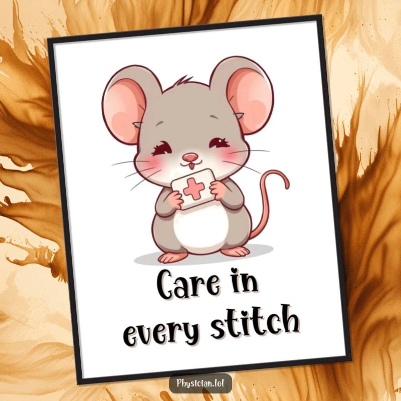 Funny shy mouse digital art print, digital download, offering a bandage, caring and gentle decor.