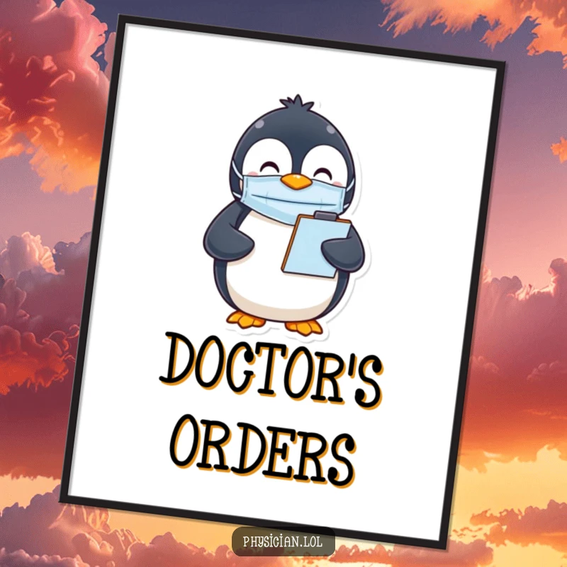 Funny Penguin Mask Digital Art Print of a happy penguin in a mask holding a clipboard, ready for download and display.