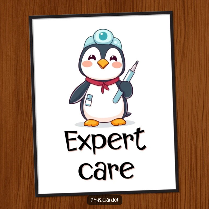 Funny proud penguin digital art print: a penguin dressed as a doctor holding a medical instrument, symbolizing care and healing.