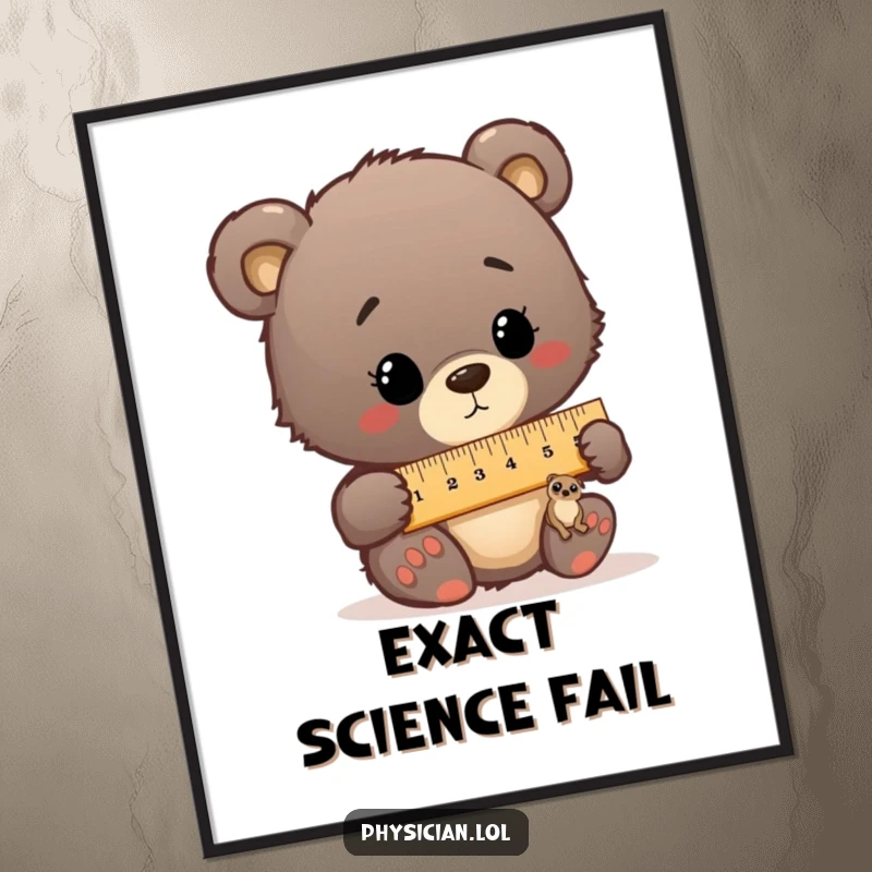 Funny digital art print of a bear cub doctor humorously measuring a tiny patient with a comically large ruler.