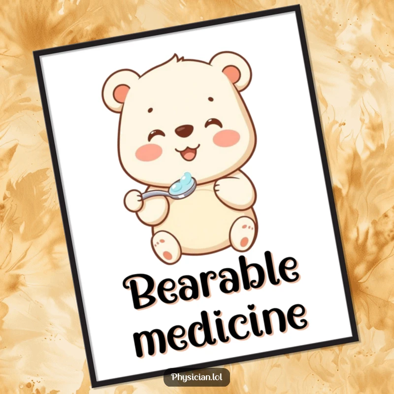 Funny bear medicine digital art print showcasing a beaming bear gracefully offering a spoonful of medicine, perfect for digital decor.