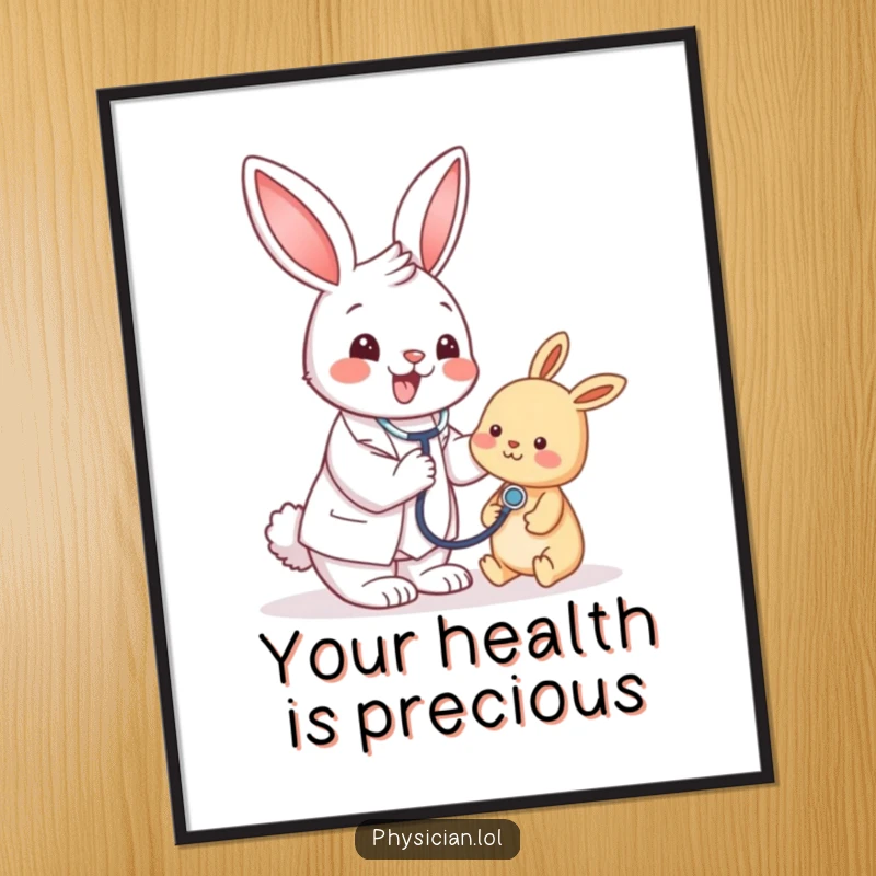 Funny bunny doctor digital art print, stethoscope poised, ready to heal with smiles, a downloadable piece of cheerful decor.