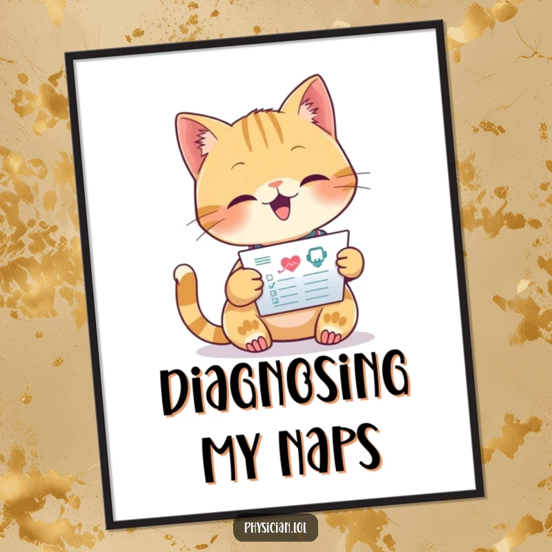 Funny digital art print of a beaming cat doctor intently reading a medical chart, conveying focus and playful medical professionalism.