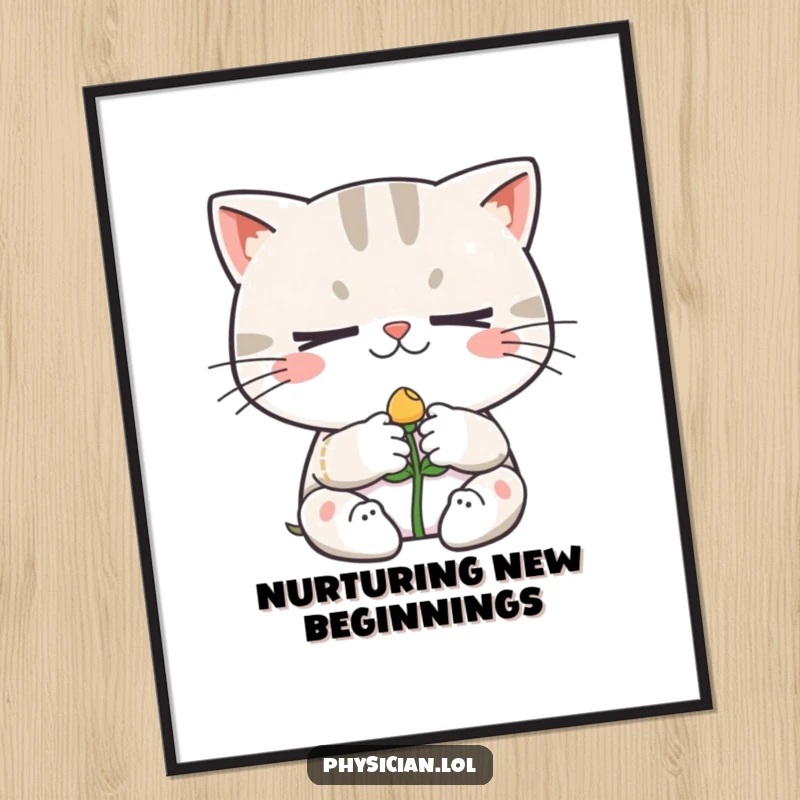 Funny digital art print of a determined cat bandaging a tiny smiling sprout, perfect humorous wall decor for plant lovers' spaces.