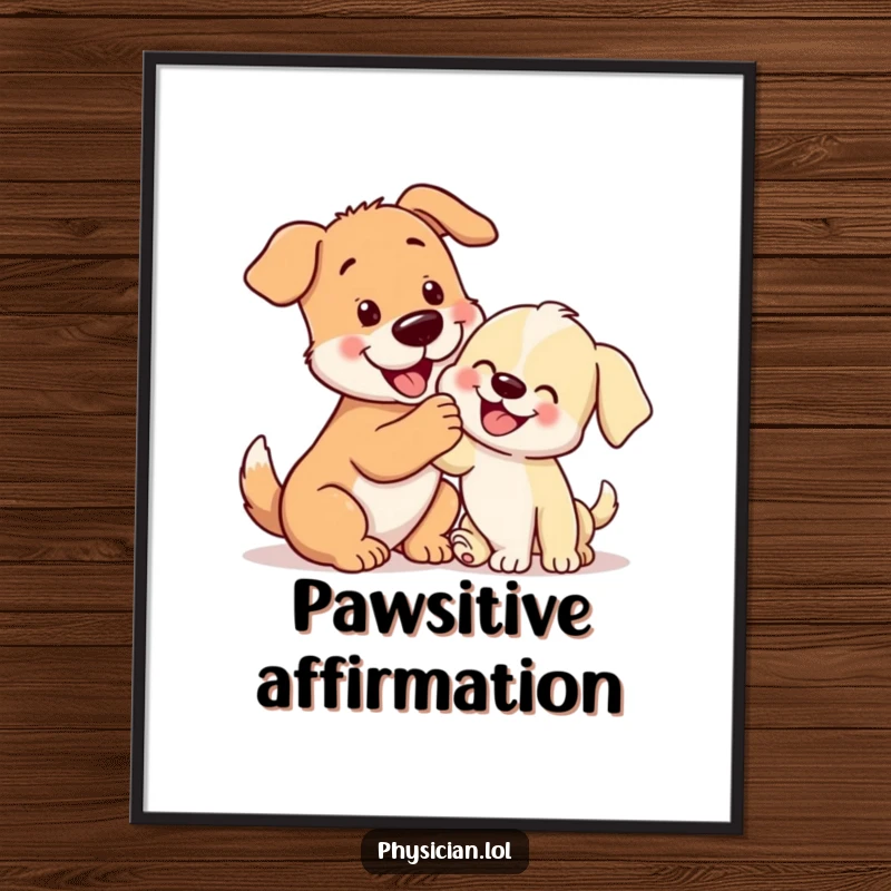 Funny big dog gently patting a cheerful puppy, a cute and humorous digital art print for download.