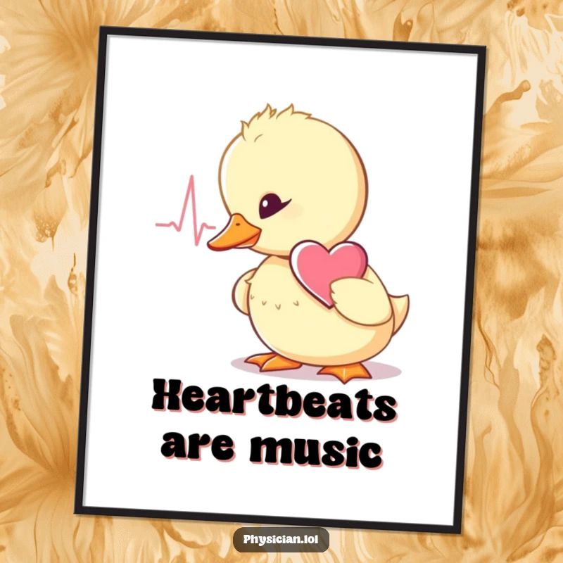 Funny wobbly duckling doctor digital art print, stethoscope ready, listening to a heartbeat, a downloadable piece of decor.