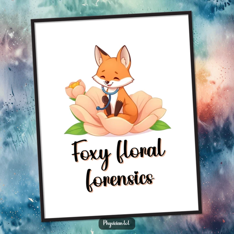 Funny smiling fox listening to a giant flower with a stethoscope, as digital art, whimsical and humorous nature scene.