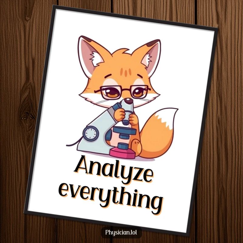 Funny Fox Scientist Digital Art Print of a determined fox using a microscope with great concentration, ideal for study spaces.
