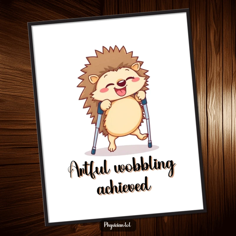 Funny hedgehog digital art print of a giggling creature mid-cartwheel on crutches, perfect for humorous wall art and immediate smiles.