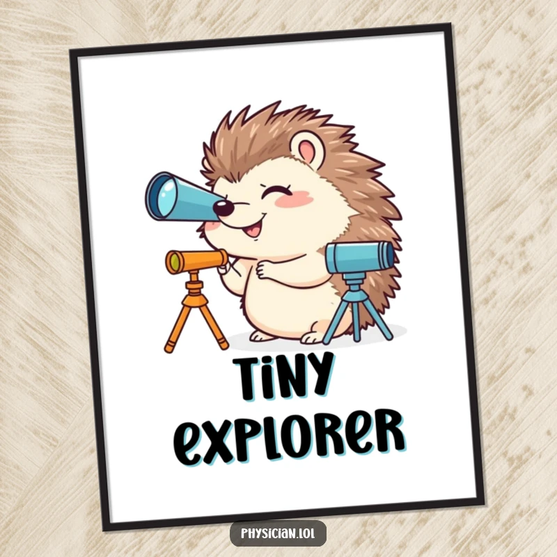 Funny digital art print of a giggling hedgehog using a miniature telescope, perfect for adding humorous cosmic charm to decor.