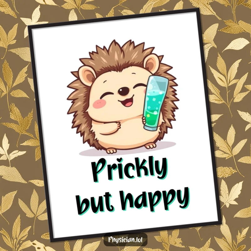 Funny digital art print of a giggling hedgehog nurse cheerfully administering a shot, embodying courage and cute medical assistance.