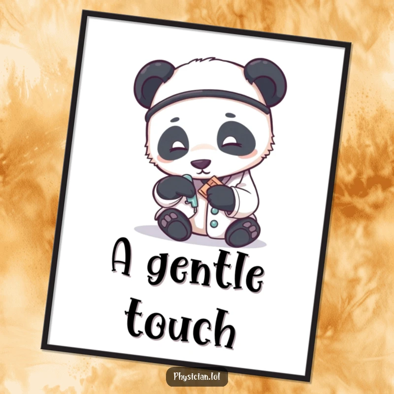 Funny digital art print of a panda doctor gently applying a small bandage, offering instant humorous and heartwarming decor.
