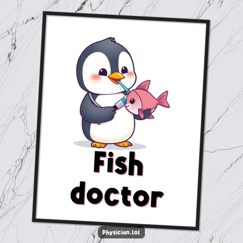 Funny penguin doctor digital art print of a penguin using a thermometer on a fish, ready for printing.