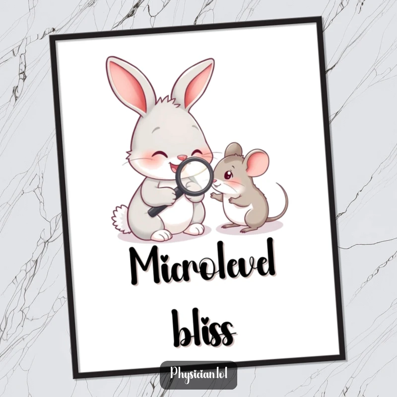 Funny rabbit doctor with magnifying glass examining a mouse, a cute and humorous digital art print for download.