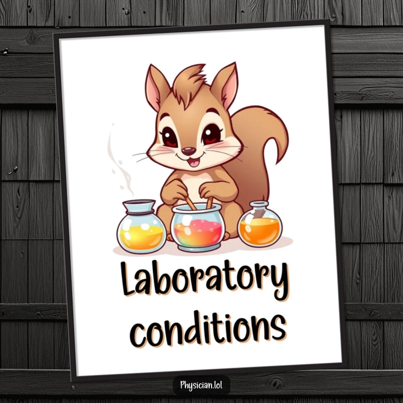 Funny brave squirrel creating a magical potion, rendered as a high-resolution, humorous digital art print for walls.