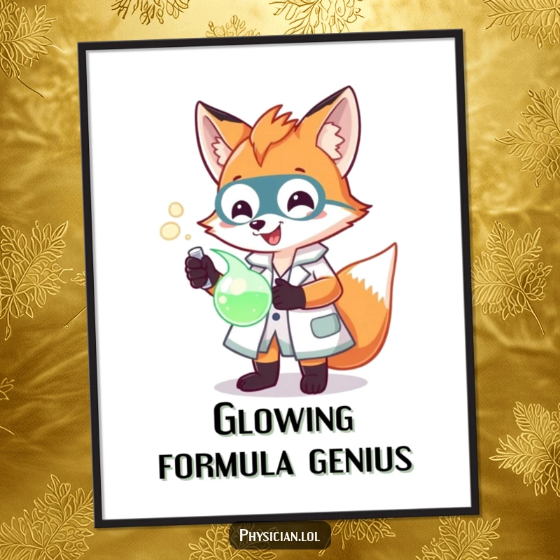 Funny Fox Scientist Digital Art Print of a fox in a lab coat examining a glowing potion, ready to be printed.