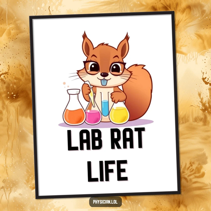 Funny determined squirrel scientist digital art print, a squirrel mixing chemicals, high-resolution printable for wall decor.