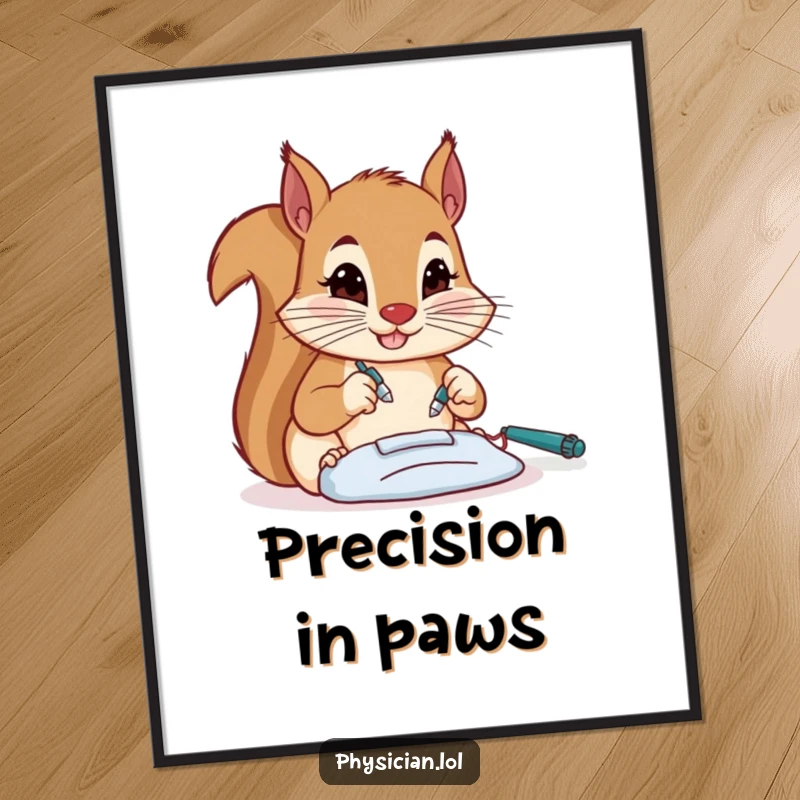 Funny squirrel surgeon digital art print, focused on a tiny operation, a downloadable piece of decor with precise humor.