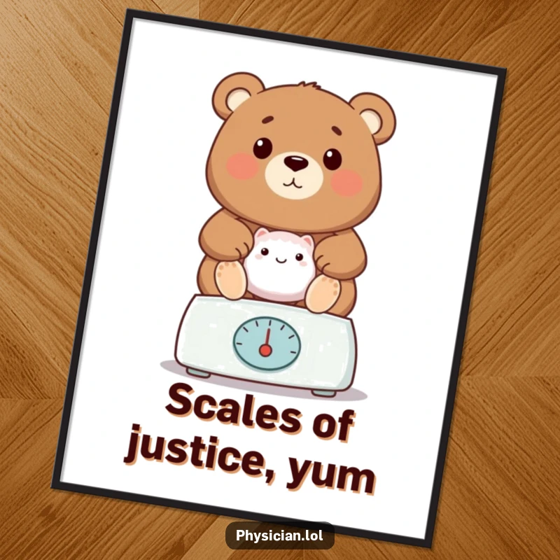 Funny bear vet digital art print, depicting a proud bear weighing a patient on a scale, conveying warmth and humor.