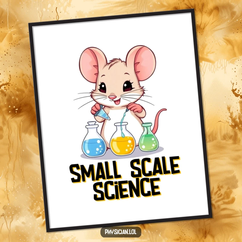 Funny mischievous mouse carefully mixing colorful liquids in miniature beakers, rendered as high-resolution humorous art.