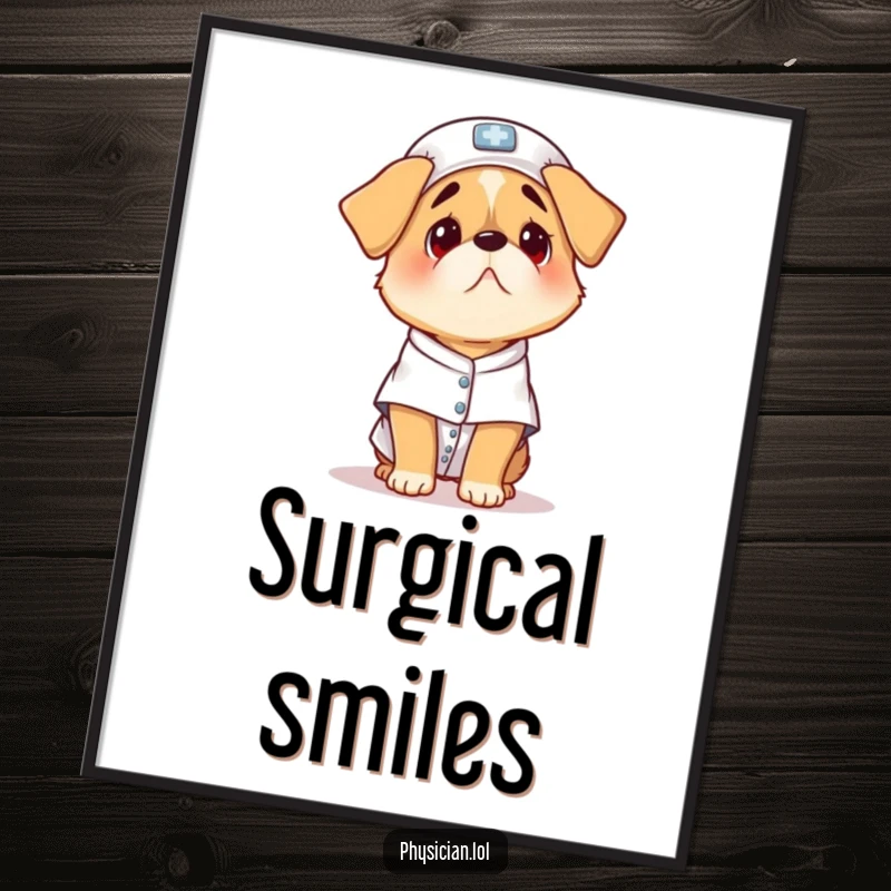 Funny scared dog digital art print, a worried puppy in a patient gown, high-resolution printable for wall decor.